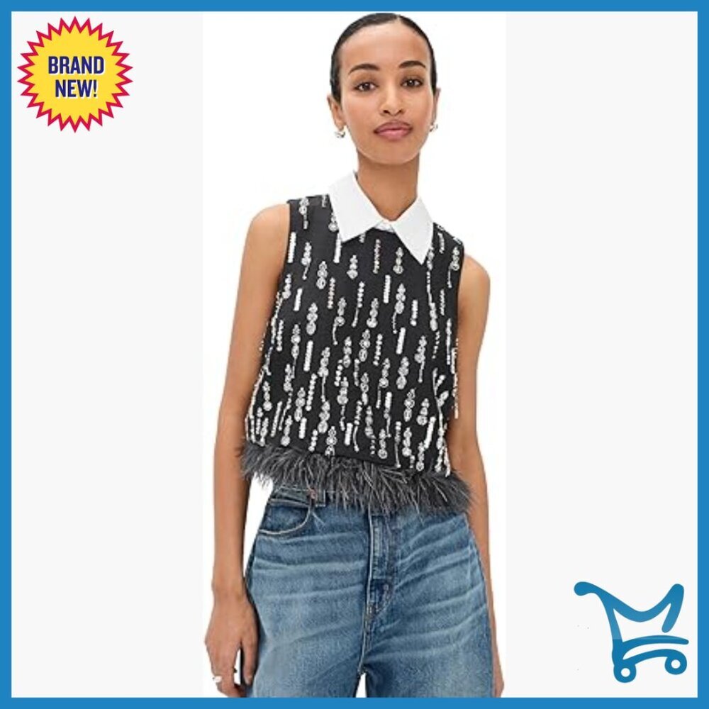 Cropped Sleeveless Top with Feather Trim, Collared Neckline, Snug Fit